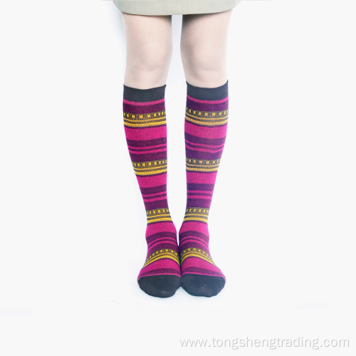 Knee high geometric square happy striped lady's socks